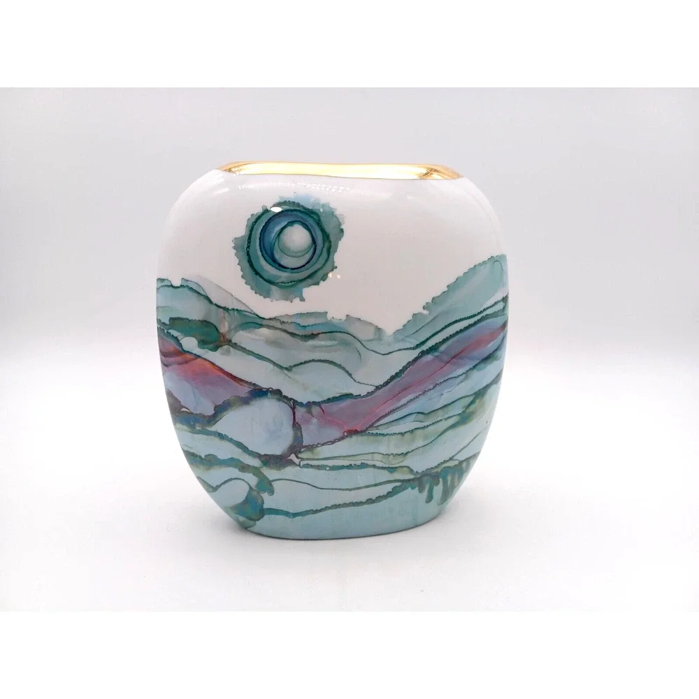 Pottery Watercolor Vase Luster Ware Gold Rim Abstract Ceramic Green Oval Narrow